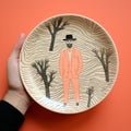 Graphic Rock-inspired Plate With Man In Hat And Trees