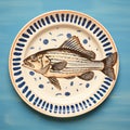 Striped Bass Illustration On Blue Plate - Nautical Seafood Art Print Royalty Free Stock Photo