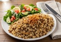 A plate featuring a serving of mujadara, a dish consisting of cooked rice and lentils Royalty Free Stock Photo