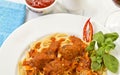 A plate of Fettuccine and Meatballs Pasta with Tomato Sauce Royalty Free Stock Photo