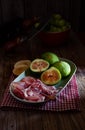 Plate of figs and raw ham, a typical Italian appetizer Royalty Free Stock Photo