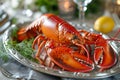 A plate filled with cooked lobsters is placed on a table, ready to be enjoyed, Lobster dinner served on a silver platter, AI Royalty Free Stock Photo