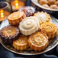 A plate filled with different kinds of moon cakes