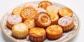 A plate filled with different kinds of moon cakes