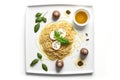 a plate filled with pasta topped with mushrooms and eggs as well as herbs Royalty Free Stock Photo