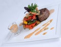 Plate of fine dining meal - steak and shrimps [3] Royalty Free Stock Photo