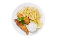 Plate of fish and chips isolated on white background Royalty Free Stock Photo