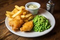 plate of fish and chips with a side of minted peas