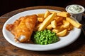 plate of fish and chips with a side of minted peas