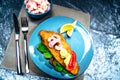 Plate of fish fillet with fresh prawns, lemons and vegetables from above Royalty Free Stock Photo