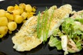 Plate with fish, potatoes and lettuce Royalty Free Stock Photo