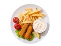 Plate of fish sticks with french fries on white background, top Royalty Free Stock Photo