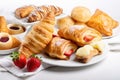 plate of flaky puff pastries and turnovers, filled with classic fillings such as cream cheese and strawberries Royalty Free Stock Photo