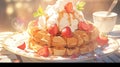 plate of fluffy and golden Belgian waffles with a dollop of whipped cream and fresh berries manga cartoon style by AI generated