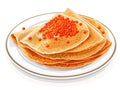 Plate with folded pancakes and red caviar on white background. Top view. Horizontal layout. Flat illustration for web