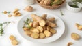 A plate of food with a bunch of potato chips and a bunch of green herbs Royalty Free Stock Photo