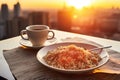 Plate of food and a cup of coffee on a table. Perfect for showcasing delicious meals and coffee breaks