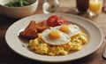 A plate of food featuring a fried egg on top, showcasing a hearty and satisfying meal.