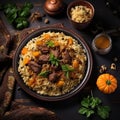 A plate of food with meat and vegetables. Uzbec plov, pilaf dish.