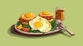 Plate of food is placed on table, with eggs and bacon as main ingredients. The dish also includes some vegetables like
