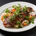 Top View Croissant Dish With Roasted Flounder Steak And Radish