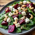 Plate of food with a salad of spinach, beets, and nuts Royalty Free Stock Photo