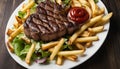 A plate of food with a steak, fries, and ketchup