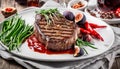 A plate of food with a steak, vegetables, and a fork Royalty Free Stock Photo