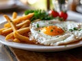 a plate of food with a sunny side up egg and french fries Royalty Free Stock Photo