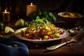 A plate of food on a table with a candle. Beautifully arranged plate of food with a lit candle on a table Royalty Free Stock Photo