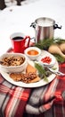 A plate of food on a table covered in snow, AI