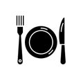 Plate, fork and knife black icon, vector sign on isolated background. Plate, fork and knife concept symbol, illustration