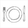 Plate with fork and knife. Cultery. Table settings. Simple food icon in hand drawn style isolated on white background.