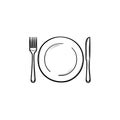 Plate with fork and knife hand drawn sketch icon. Royalty Free Stock Photo