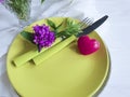 Plate, fork, knife, heart, template romance decor design arrangement chrysanthemum flower on white wooden background Royalty Free Stock Photo