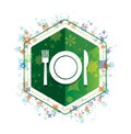 Plate with fork and knife icon floral plants pattern green hexagon button Royalty Free Stock Photo