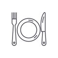 Plate, fork and knife line icon concept. Plate, fork and knife vector linear illustration, symbol, sign Royalty Free Stock Photo