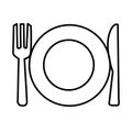 Plate, fork and knife line icon on white background. dinner dishes sign. cutlery symbol Royalty Free Stock Photo