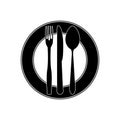 Plate fork knife spoon in black and white on a white background. Royalty Free Stock Photo