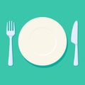 Plate, Fork and knife Vector illustration. Place setting with cutlery. Empty and clean kitchen acessories Royalty Free Stock Photo