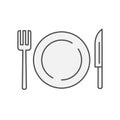 Plate with fork and knife western restaurant icon. Kitchen appliances for cooking Illustration. Simple thin line style symbol
