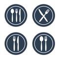 Plate fork spoon and knife icons on white background. Royalty Free Stock Photo