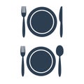 Plate fork spoon and knife icons on white background. Royalty Free Stock Photo