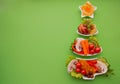 Plate in the form of a Christmas tree with vegetables, fruits, mushrooms and berries.Green background. The concept of vegetarian