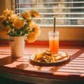 a plate of french fries and a drink on a window sill next to a vase of flowers Royalty Free Stock Photo