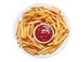Plate of french fries with ketchup on white background, top view Royalty Free Stock Photo