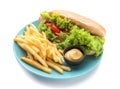 Plate with french fries and tasty hot dog on white background Royalty Free Stock Photo