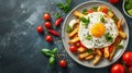A plate of french fries topped with an egg and tomatoes, AI Royalty Free Stock Photo