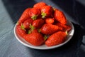 Plate with french red ripe sweet strawberries Fraises de Plougastel, harvested in France