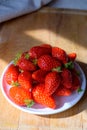 Plate with french red ripe sweet strawberries Fraises de Plougastel, harvested in France